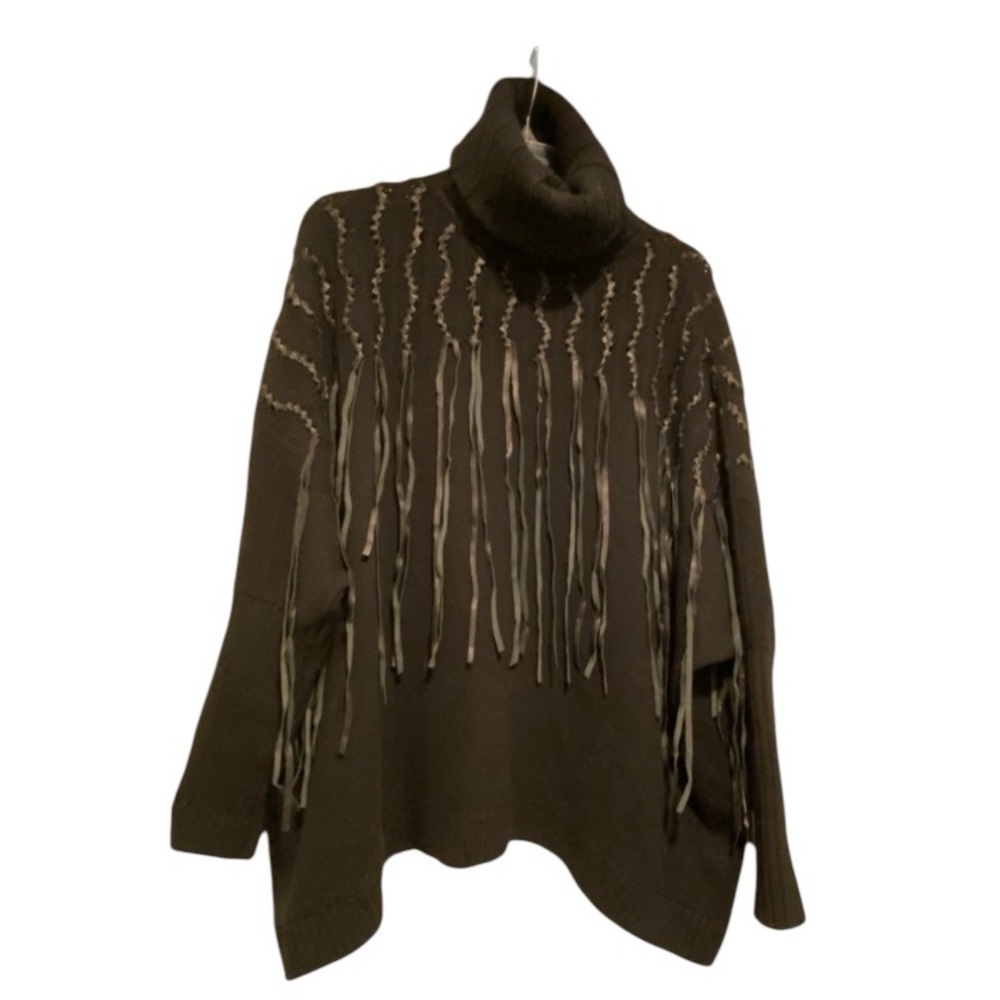 Malandrino Women’s Cashmere Leather Accented Black Turtleneck Sweater Oversized